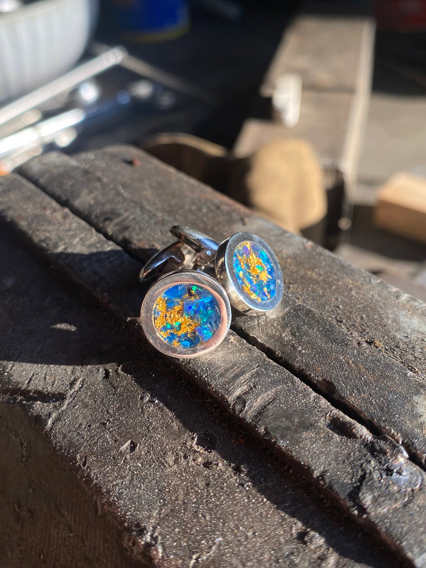 Gemelli di Argento 925, Opale e Foglia Oro