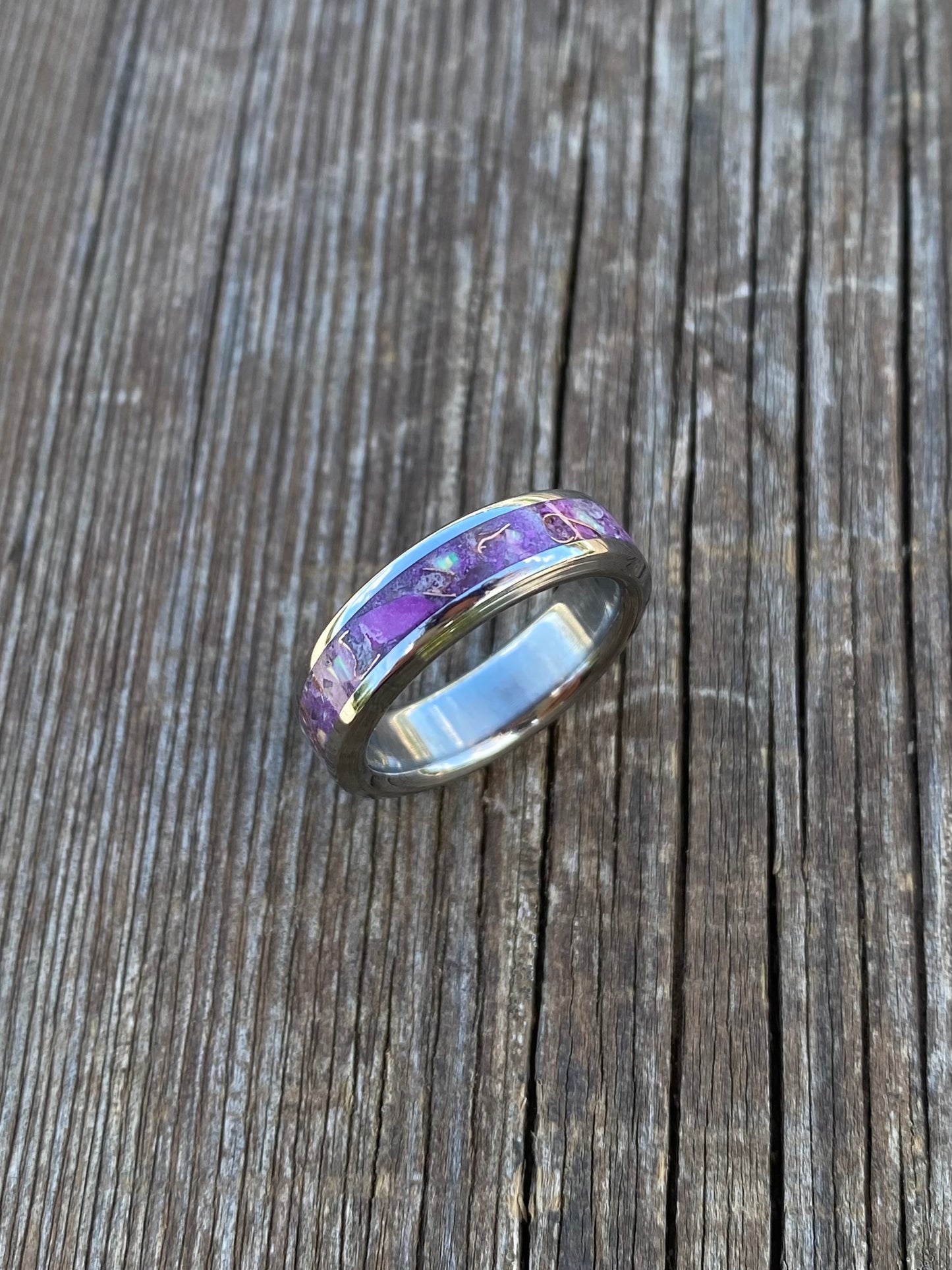 Ring of Damascus Steel, Opal, Amethyst, Purple Jade and Copper