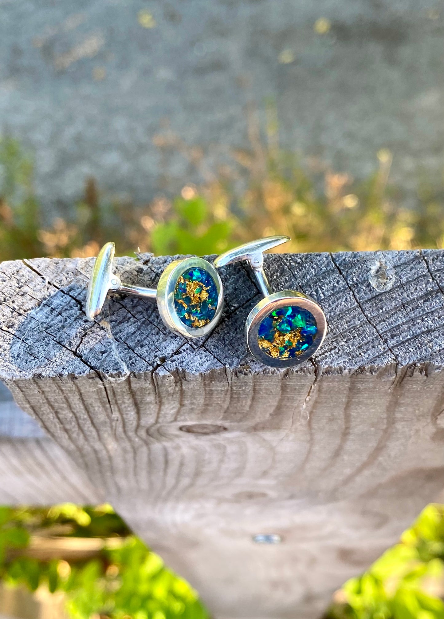 Gemelli di Argento 925, Opale e Foglia Oro