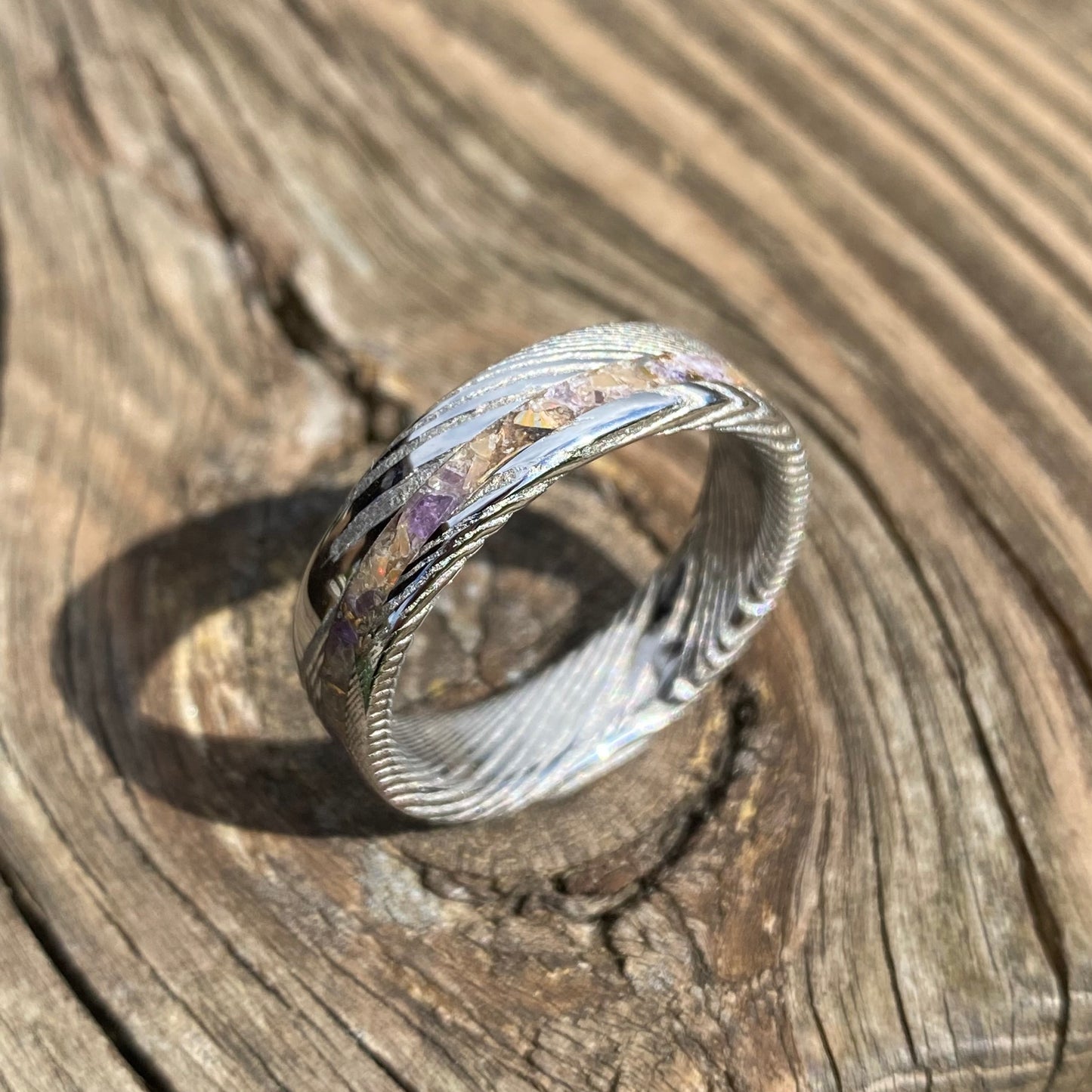 Anello di Acciaio Damasco, Opale naturale, Ametista e Mokume Gane