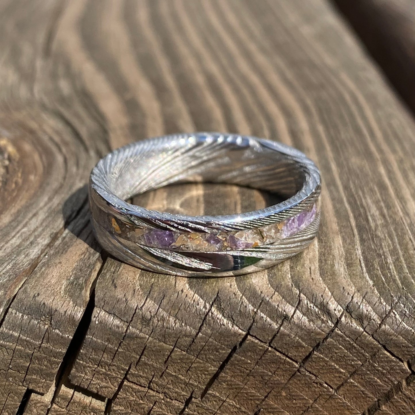 Anello di Acciaio Damasco, Opale naturale, Ametista e Mokume Gane