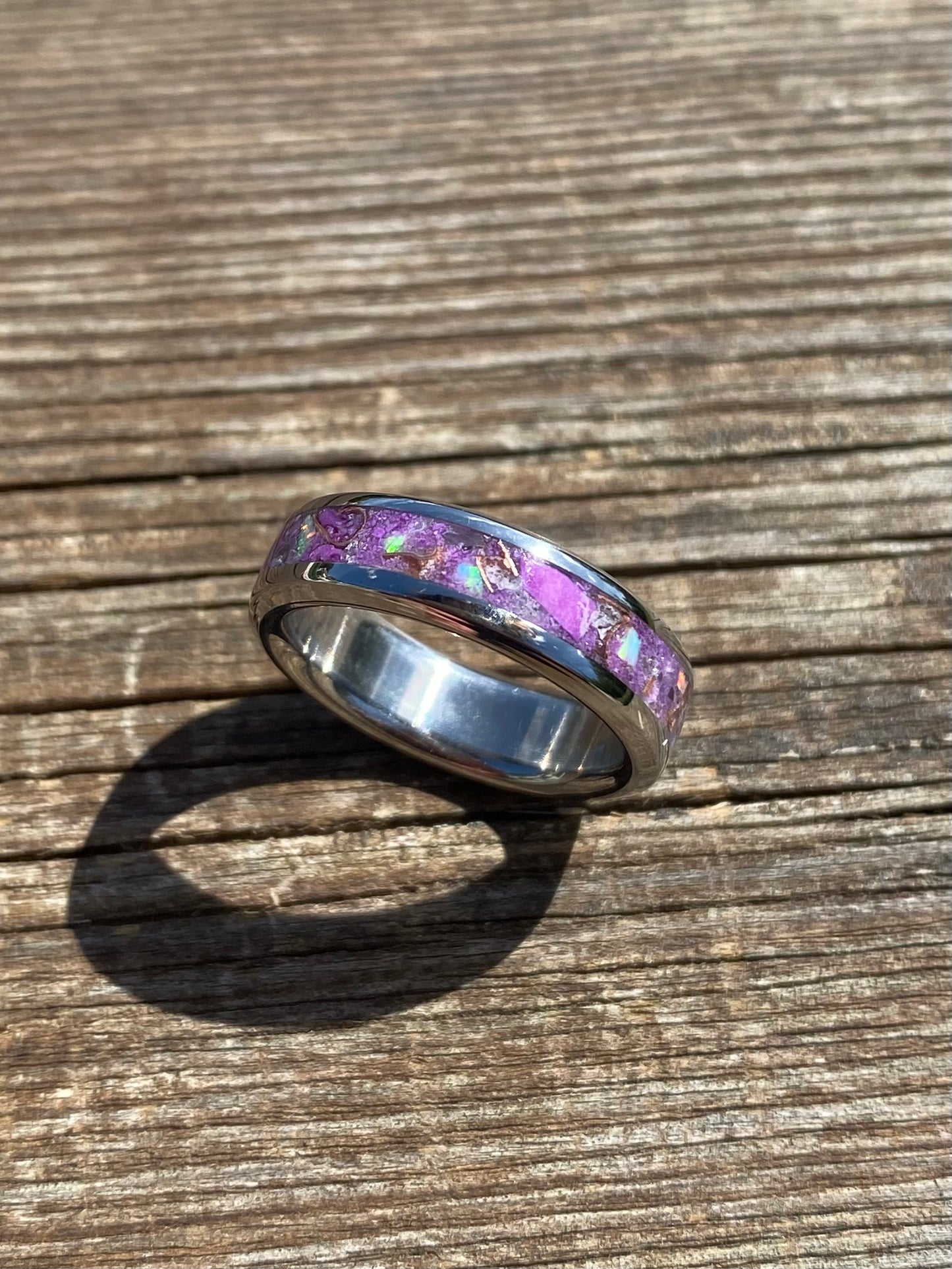 Ring of Damascus Steel, Opal, Amethyst, Purple Jade and Copper