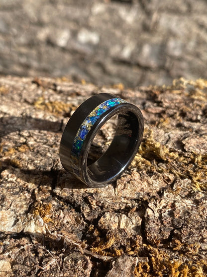 Anello di Ceramica Nera, Opale, Lapis Lazuli e Foglia d'Oro