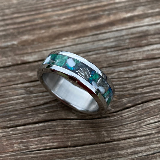 Anello di Malachite, Meteorite, Opale e Conchiglia