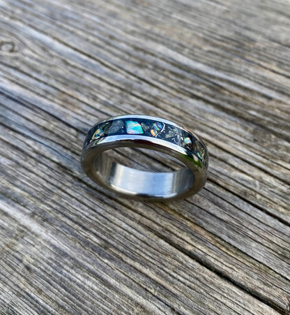 Opal, Meteorite, Pyrite and Titanium Ring