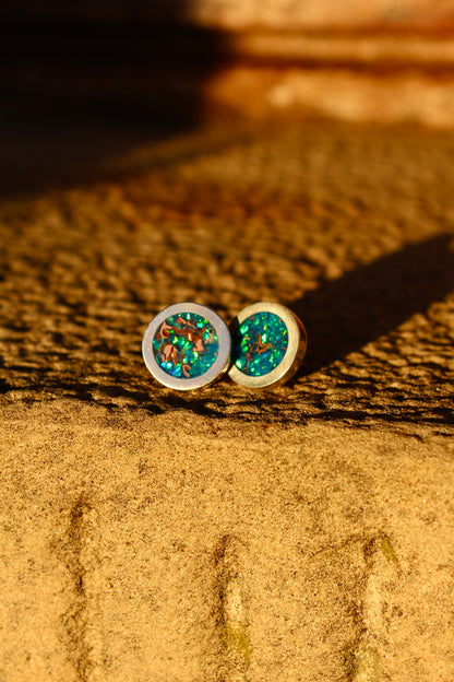 "Peacock Blue" opal earrings - "Button" model