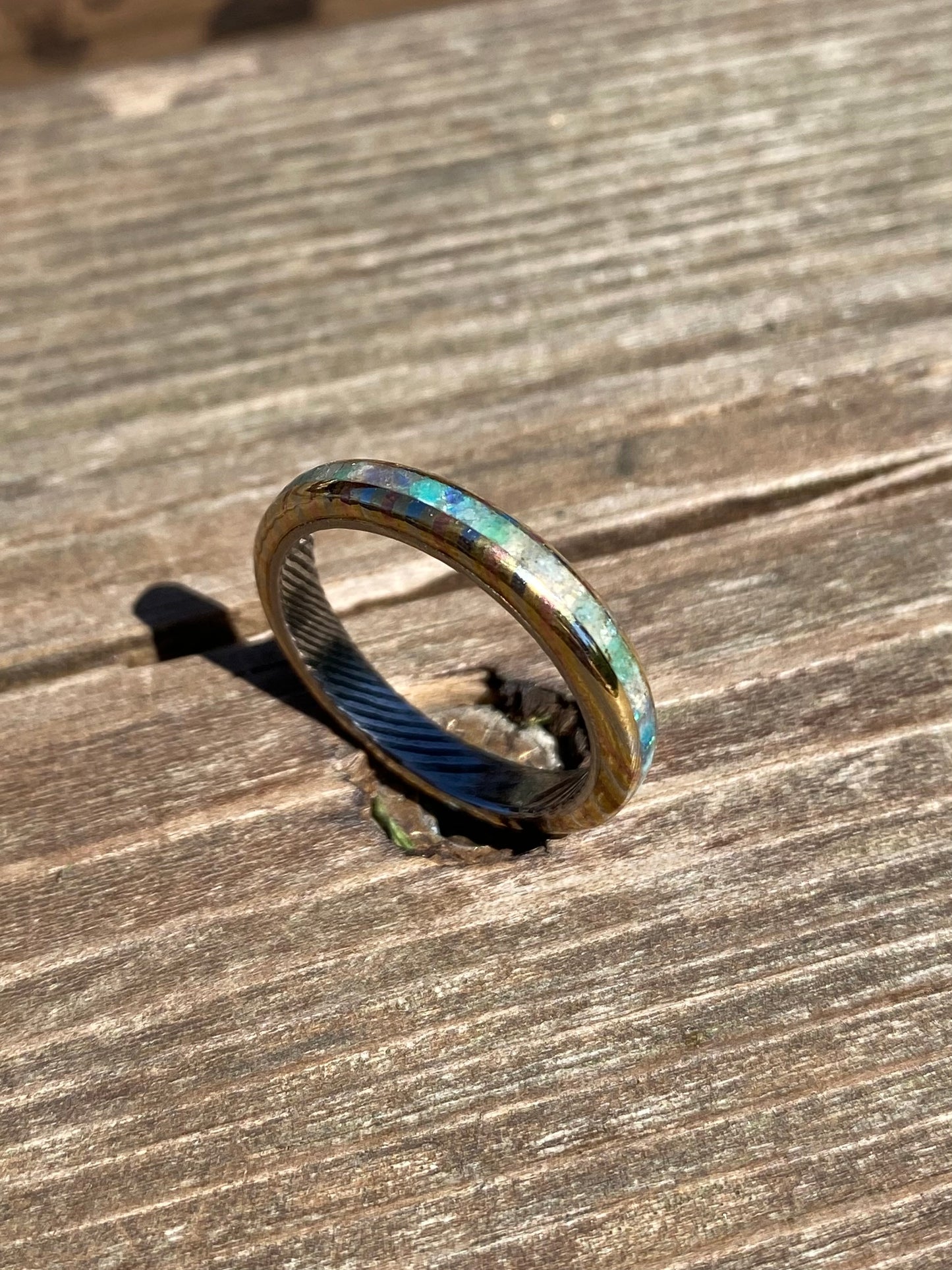 Anello di Mokume Gane, Acciaio Damasco, Opale, Acquamarina ed Amazzonite