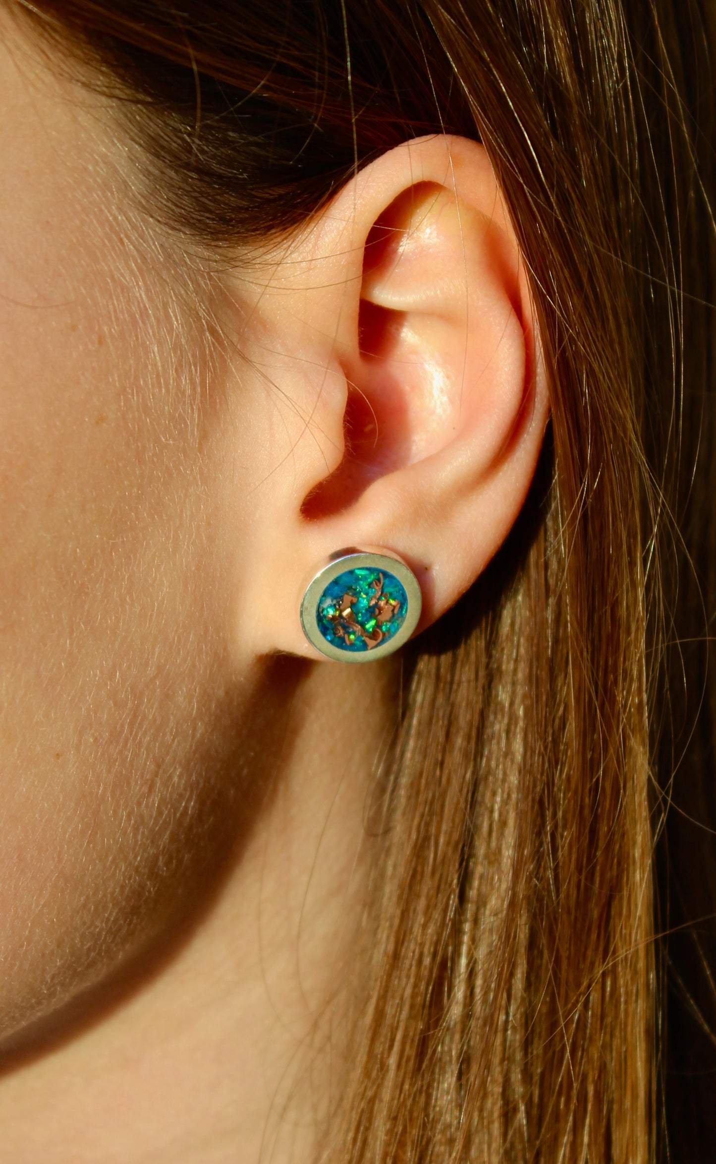 "Peacock Blue" opal earrings - "Button" model