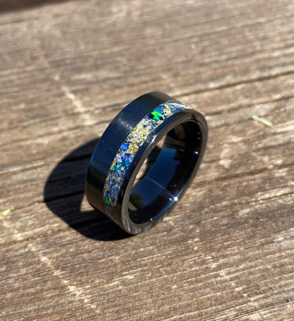 Anello di Ceramica Nera, Opale, Lapis Lazuli e Foglia d'Oro