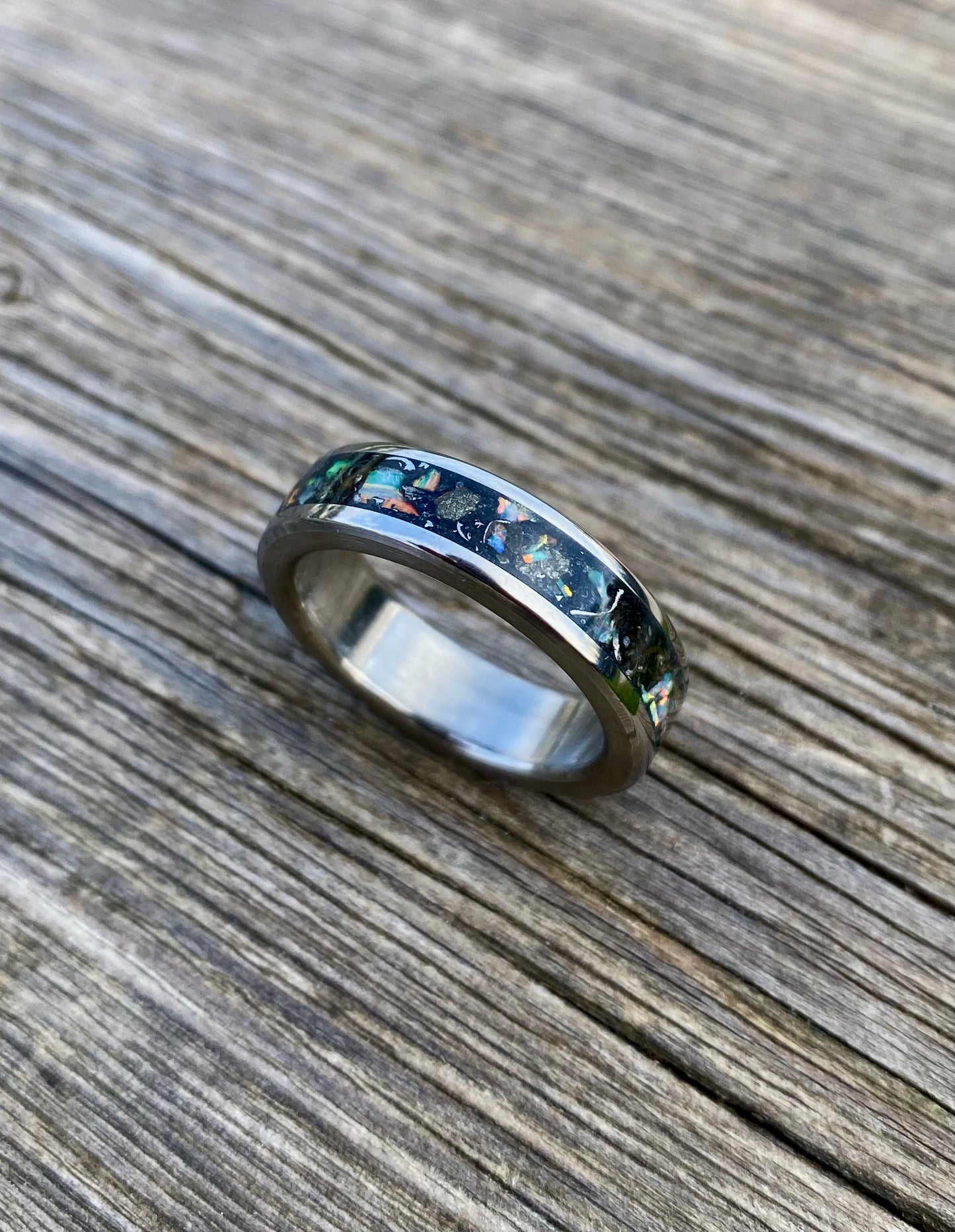 Opal, Meteorite, Pyrite and Titanium Ring