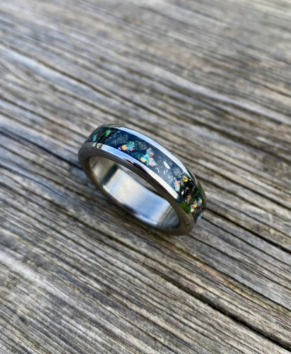 Opal, Meteorite, Pyrite and Titanium Ring