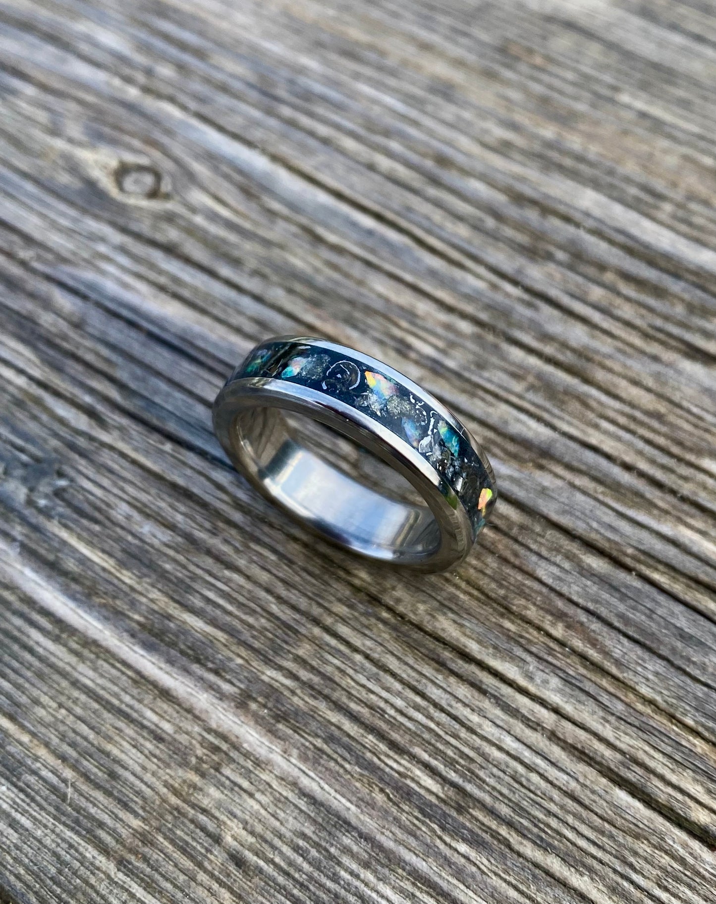 Opal, Meteorite, Pyrite and Titanium Ring