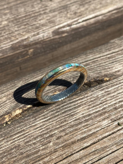 Anello di Mokume Gane, Acciaio Damasco, Opale, Acquamarina ed Amazzonite