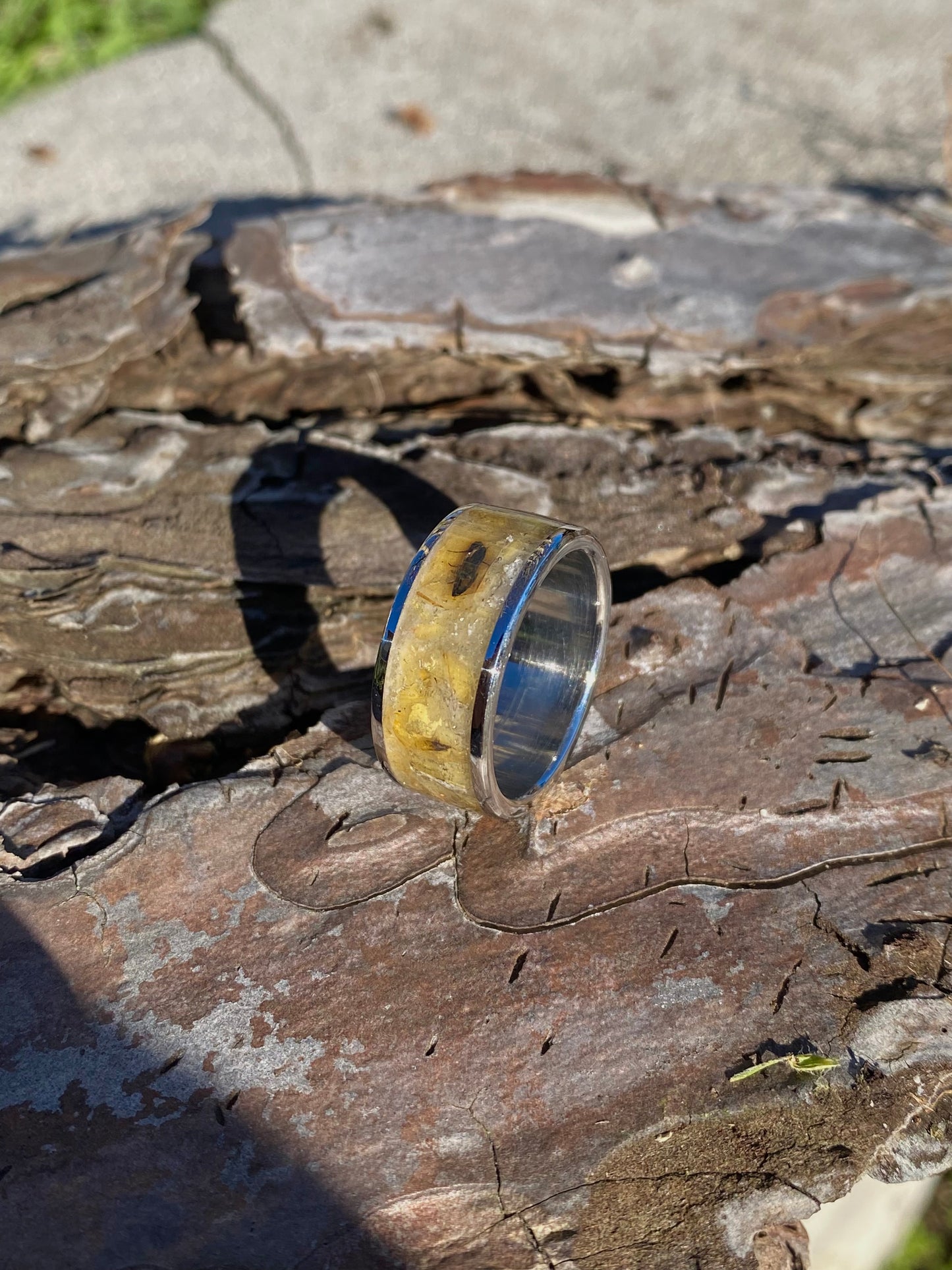 Anello di Ambra Fossile con Inclusioni di Insetti