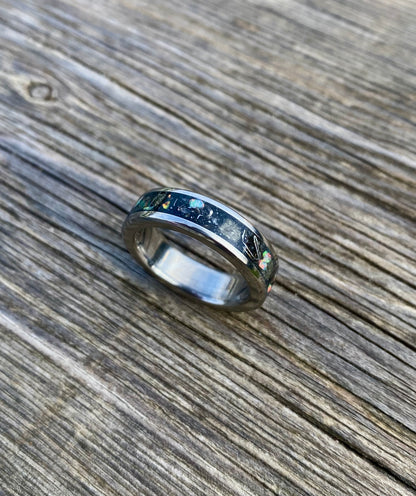 Opal, Meteorite, Pyrite and Titanium Ring