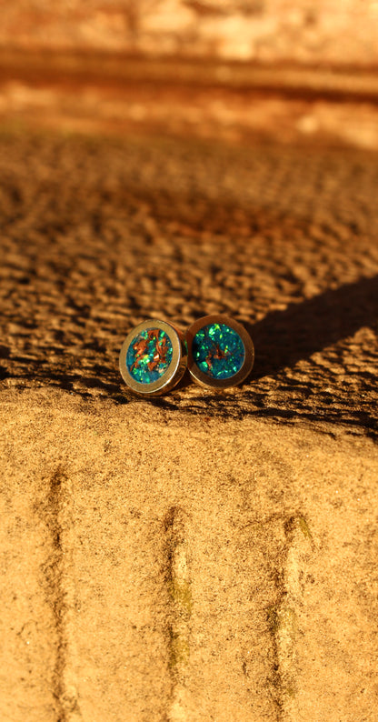 "Peacock Blue" opal earrings - "Button" model