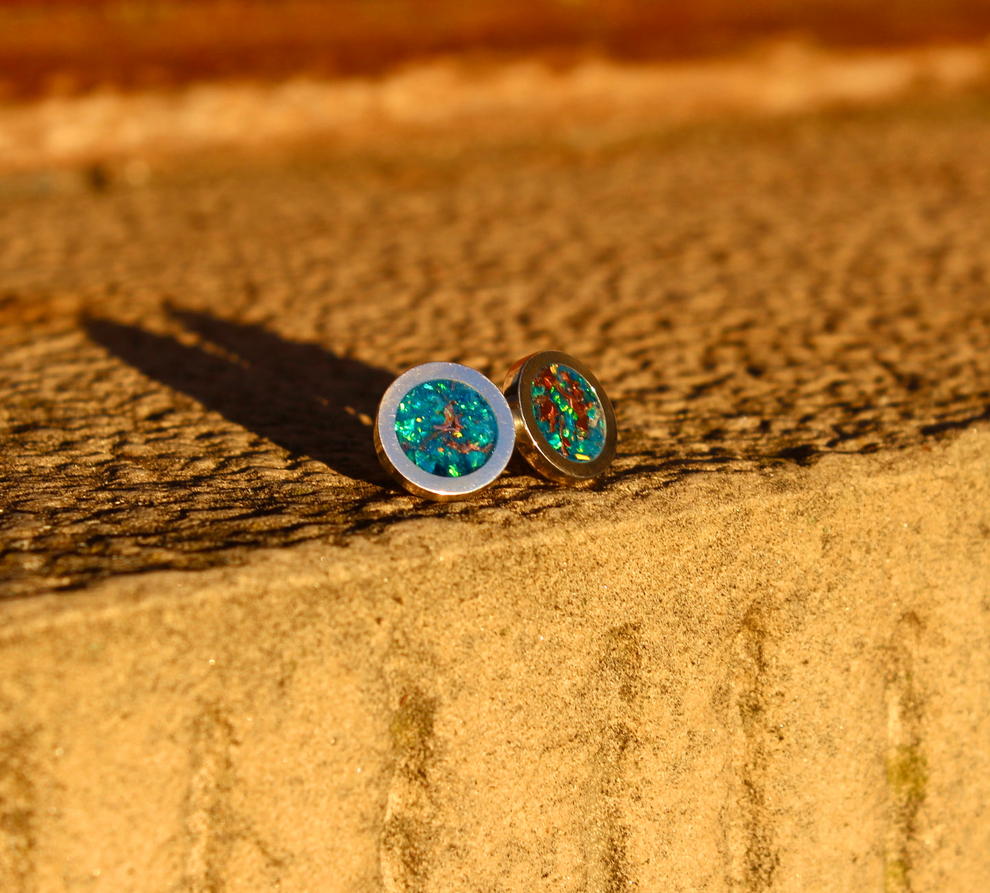 "Peacock Blue" opal earrings - "Button" model