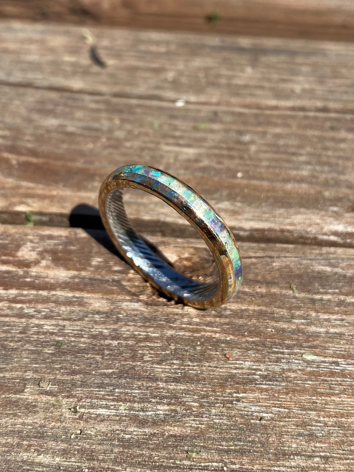 Anello di Mokume Gane, Acciaio Damasco, Opale, Acquamarina ed Amazzonite