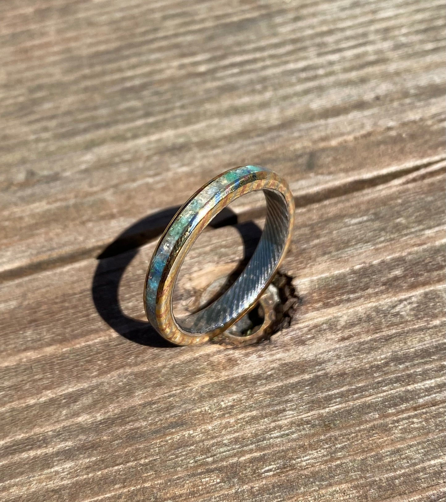 Anello di Mokume Gane, Acciaio Damasco, Opale, Acquamarina ed Amazzonite