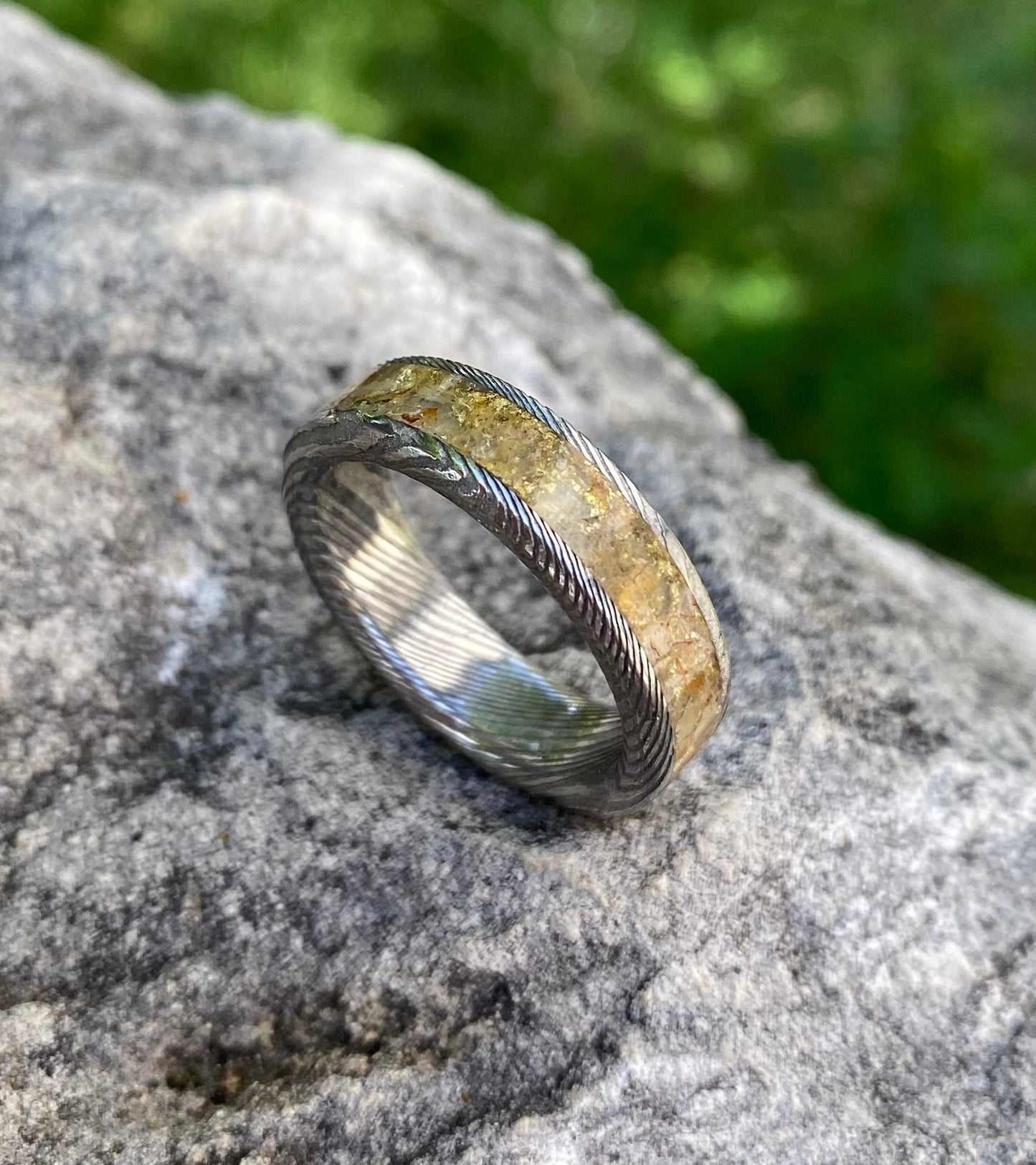 Ring of Damascus Steel, Amber and Gold Leaf