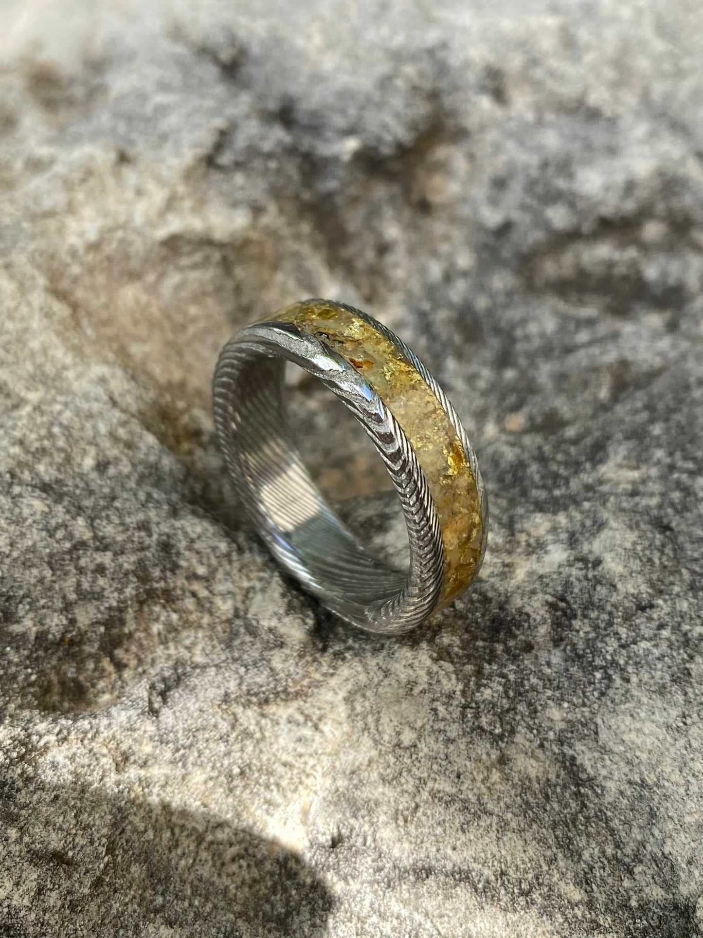 Ring of Damascus Steel, Amber and Gold Leaf