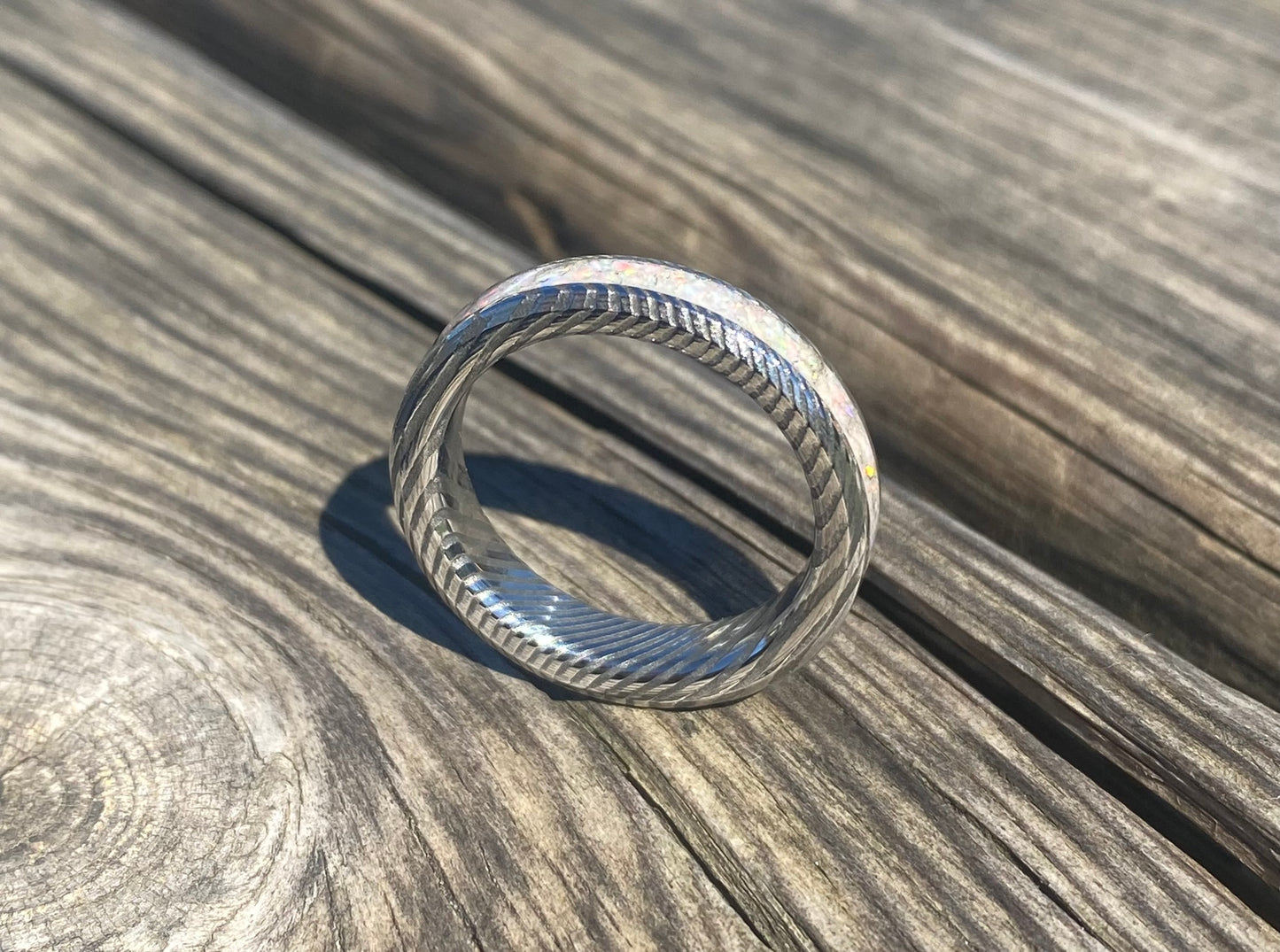 Damascus Steel and "Pearl White" Opal Ring