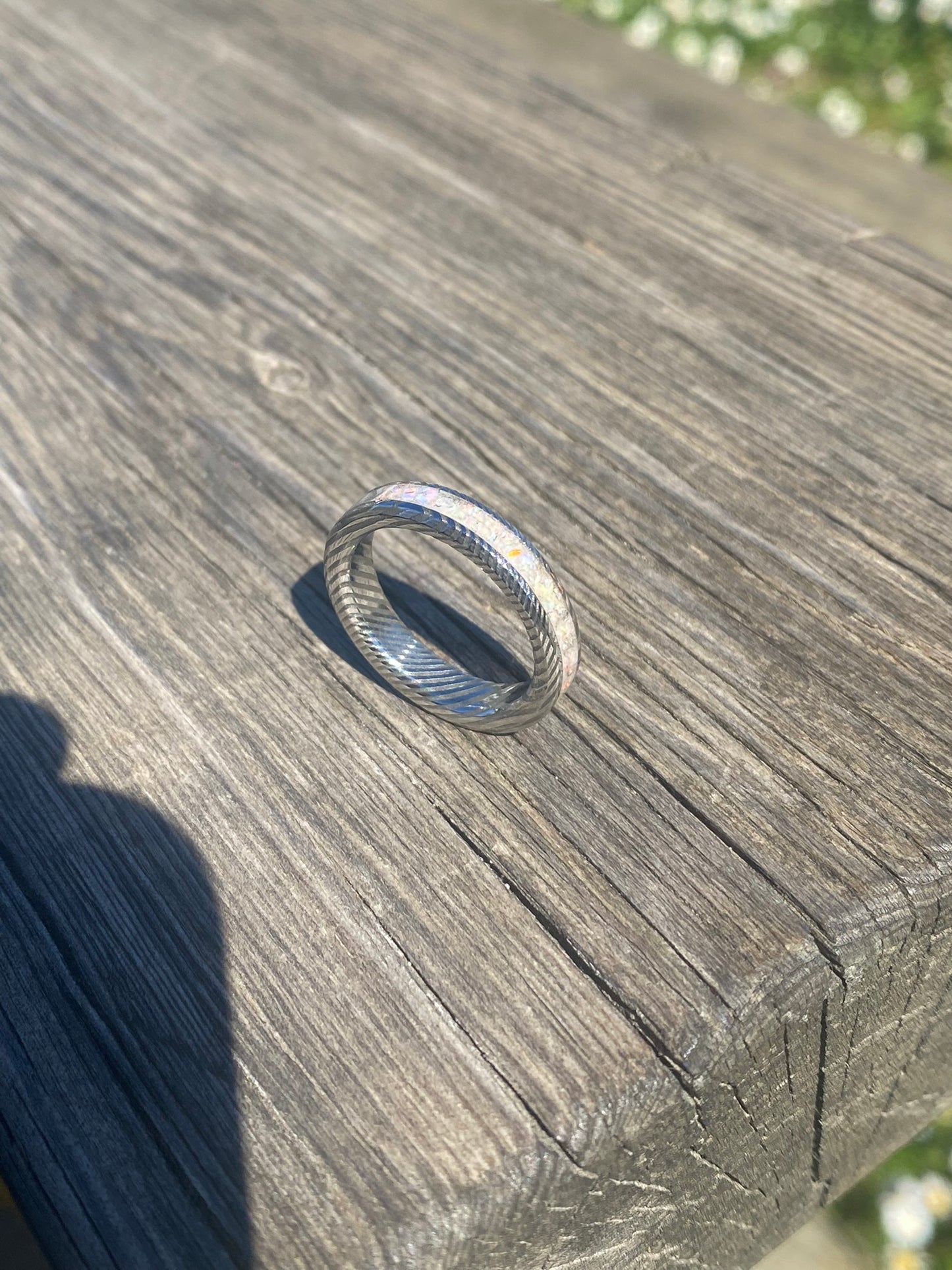 Damascus Steel and "Pearl White" Opal Ring