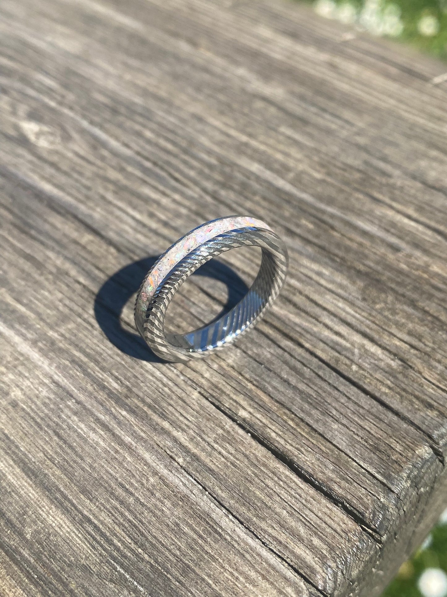 Damascus Steel and "Pearl White" Opal Ring