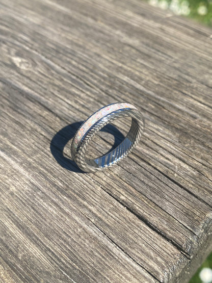 Damascus Steel and "Pearl White" Opal Ring