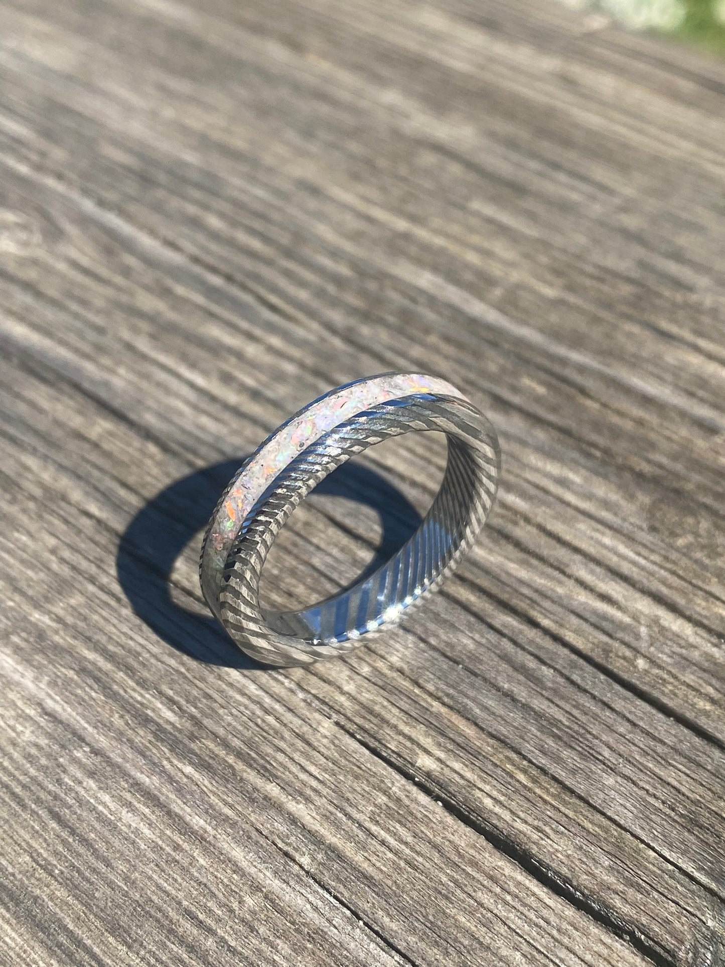 Damascus Steel and "Pearl White" Opal Ring