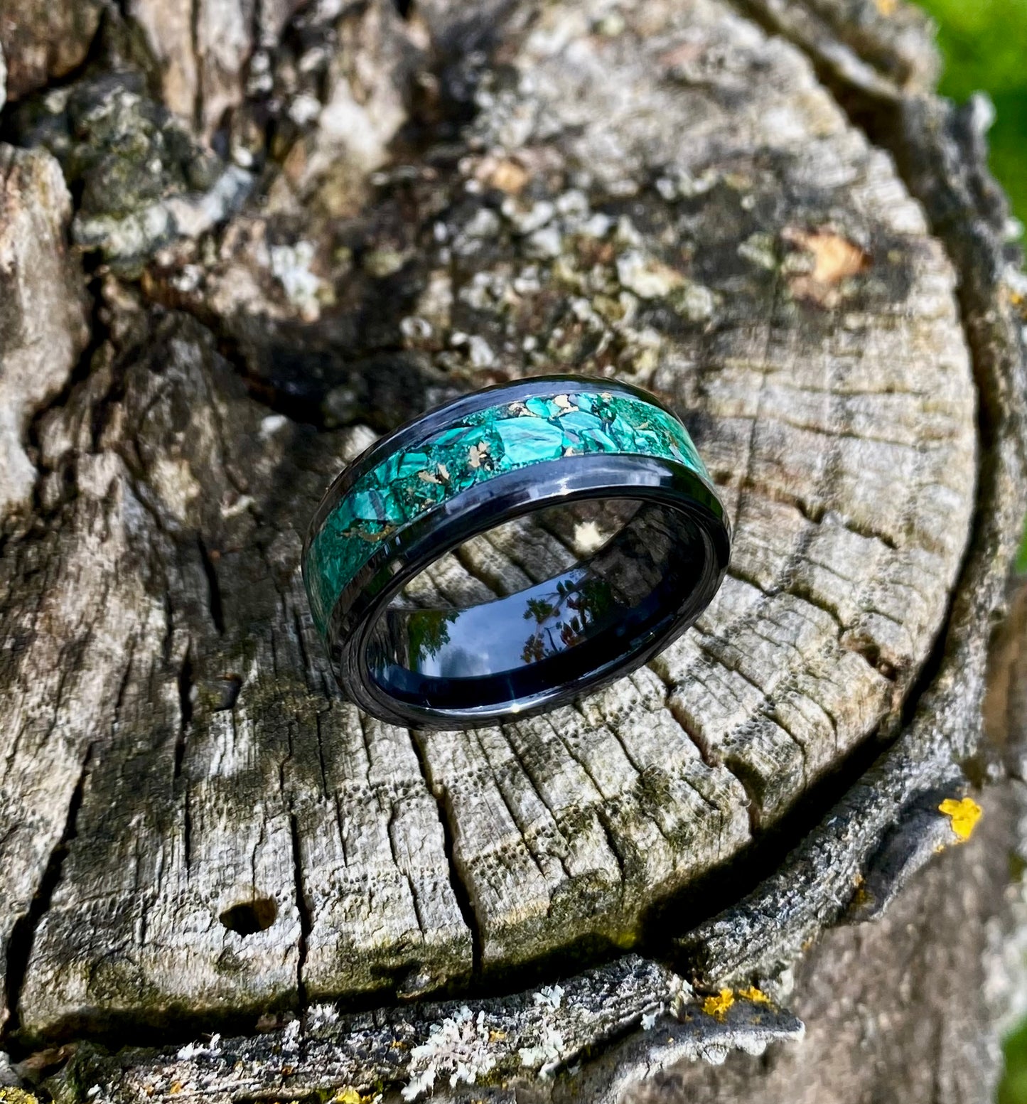 Bague en Céramique Noire, Malachite et Mokume Gane