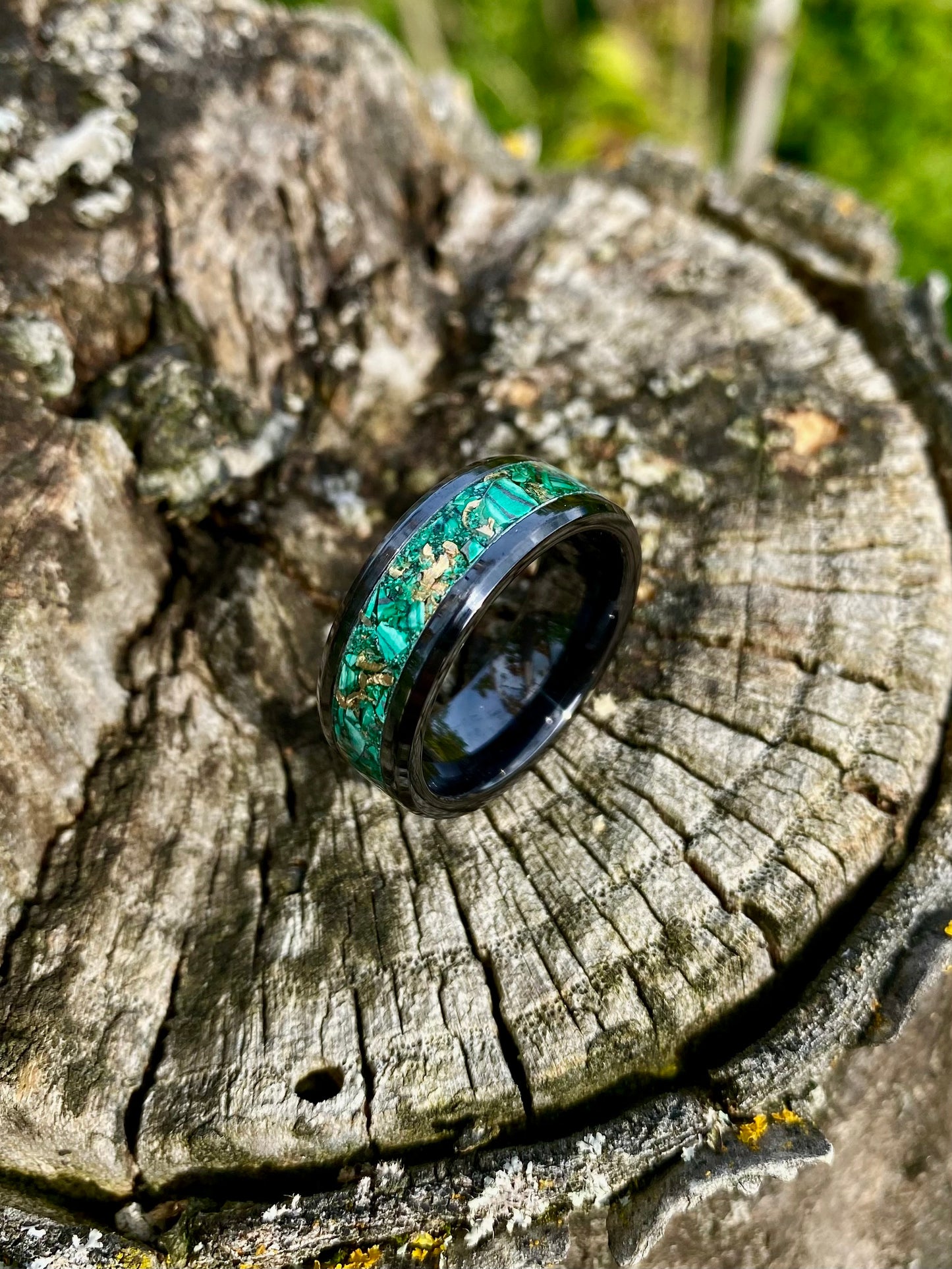 Ring of Black Ceramic, Malachite and Mokume Gane