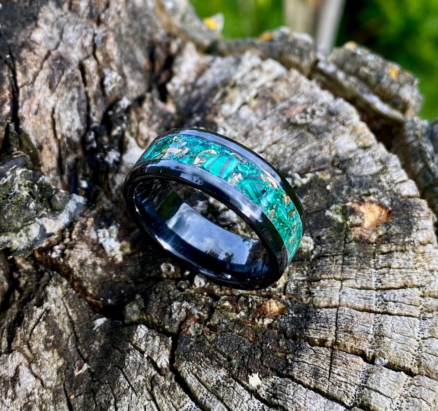 Bague en Céramique Noire, Malachite et Mokume Gane