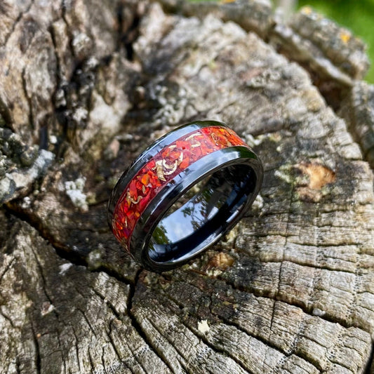 Ring of Black Ceramic, "Crimson" Opal and Mokume Gane chips