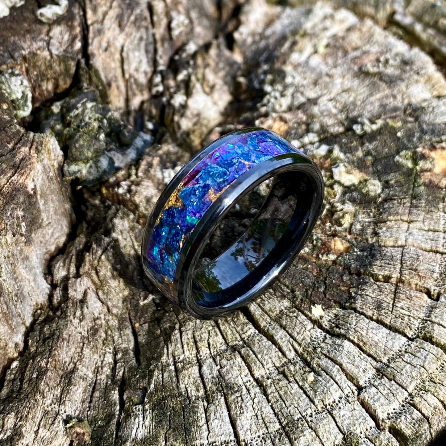 Ring of Black Ceramic, Jade, Opal and Gold Leaf