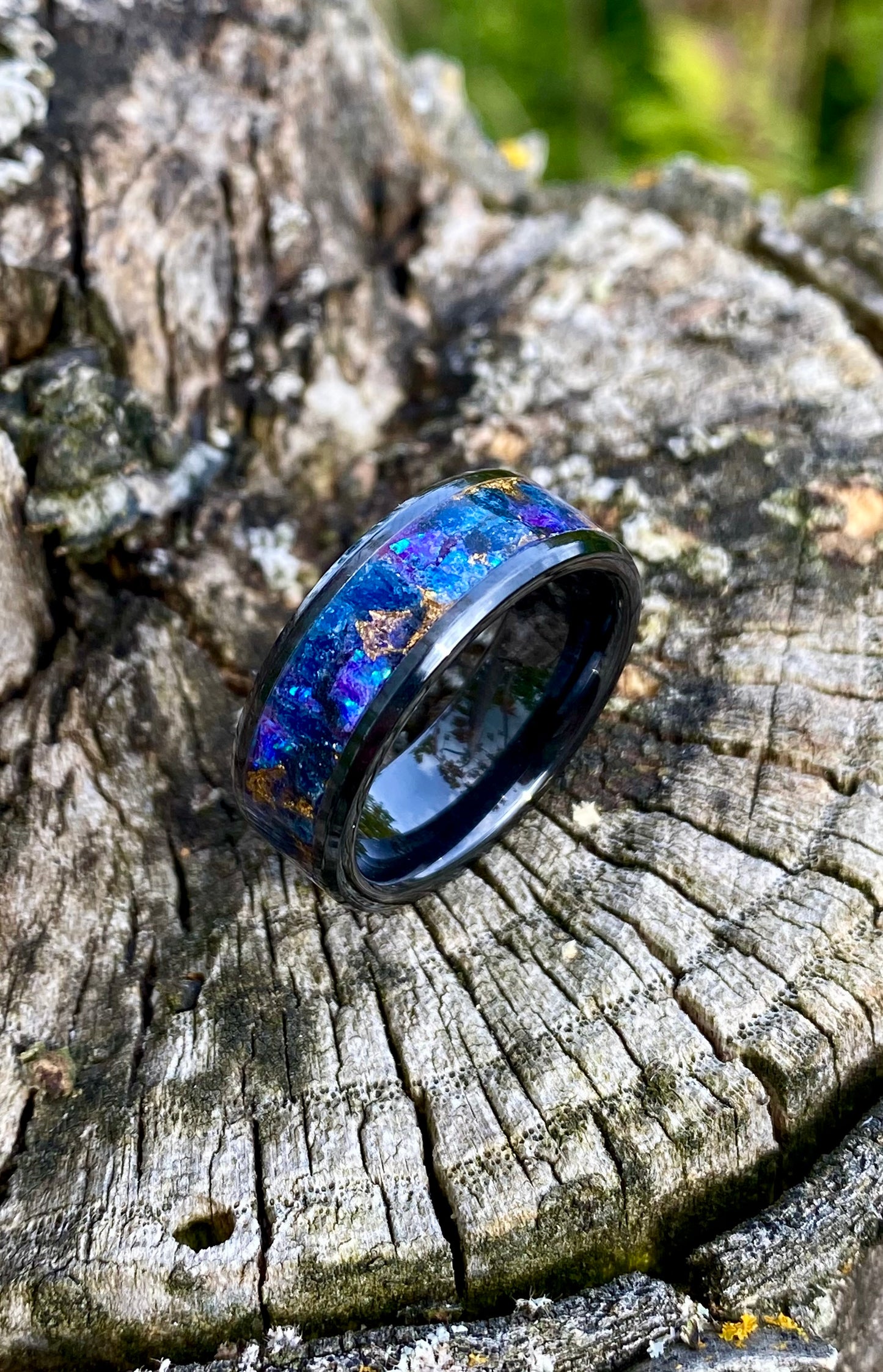 Ring of Black Ceramic, Jade, Opal and Gold Leaf