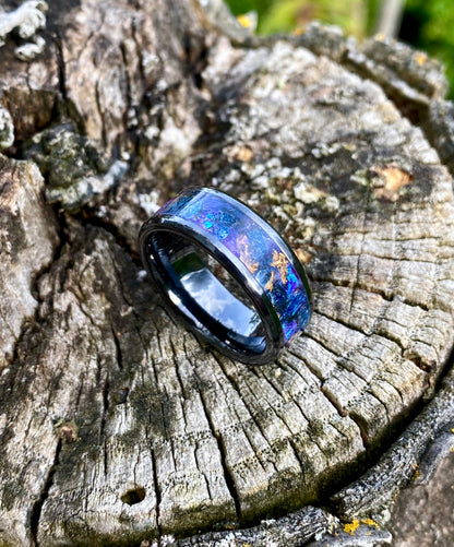 Ring of Black Ceramic, Jade, Opal and Gold Leaf