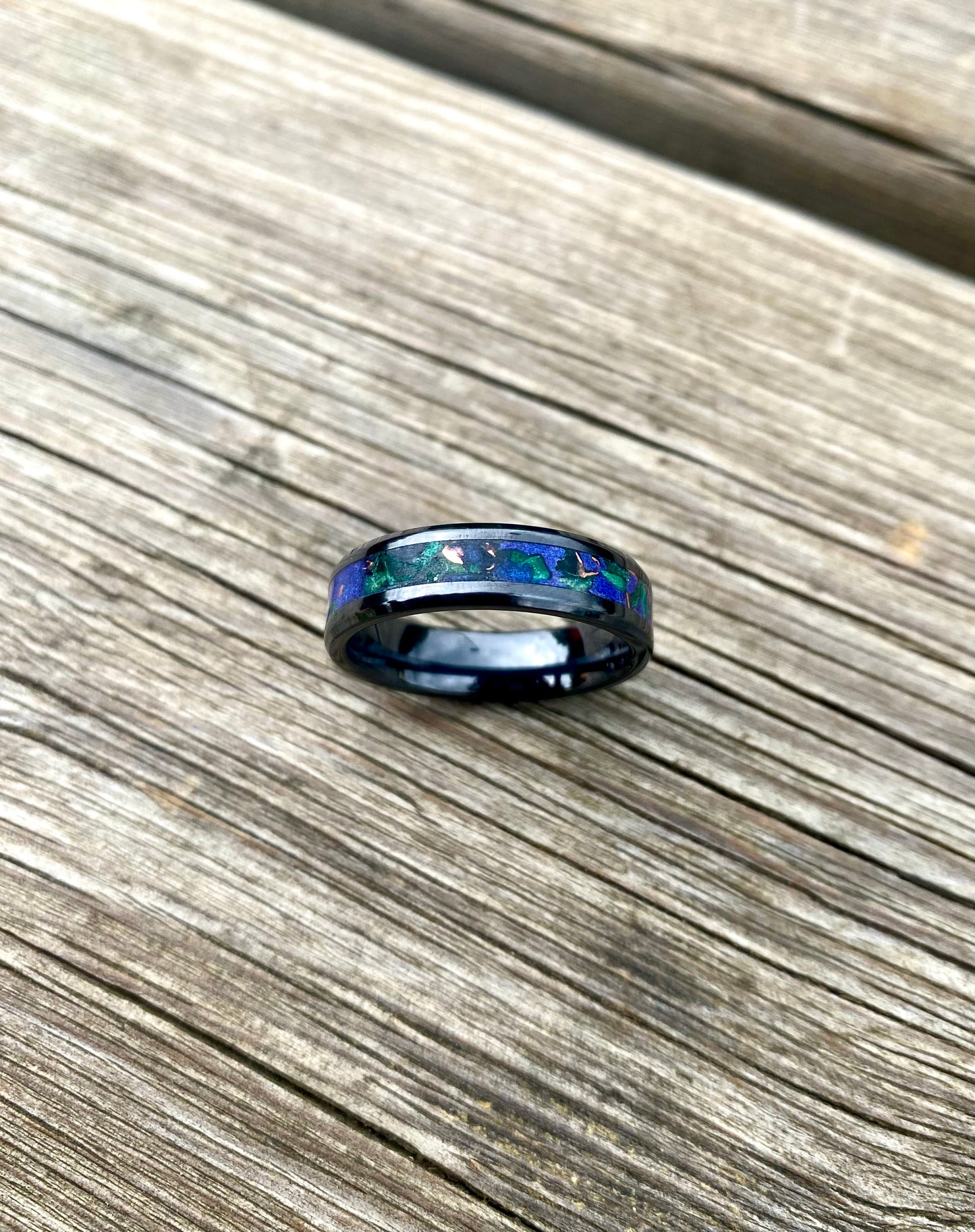 Black Ceramic, Malachite and Copper Ring