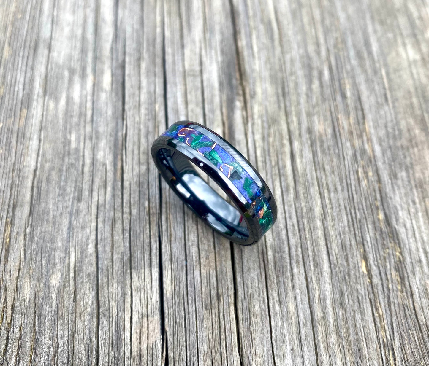 Anello di Ceramica Nera, Malachite e Rame