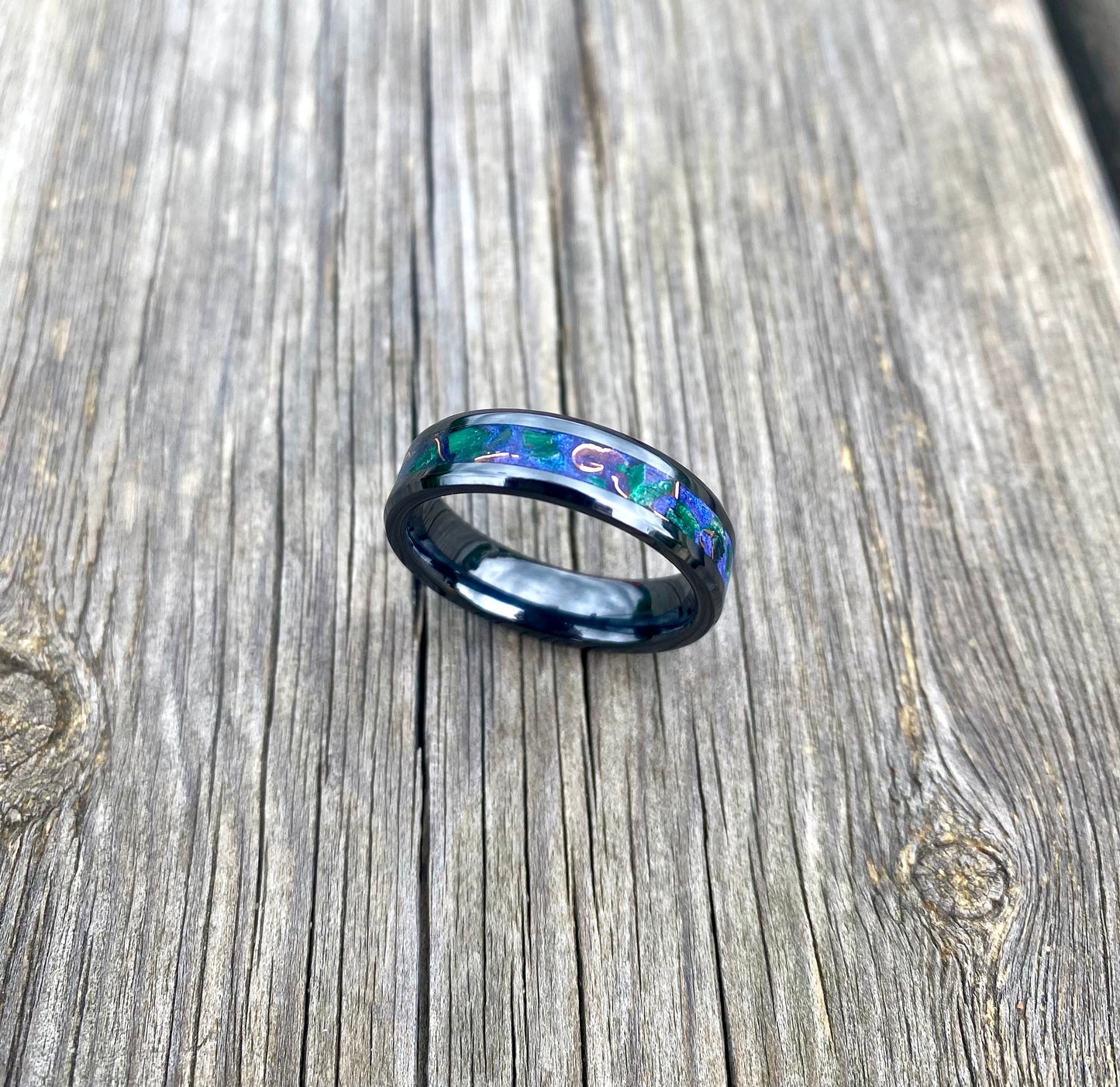 Black Ceramic, Malachite and Copper Ring