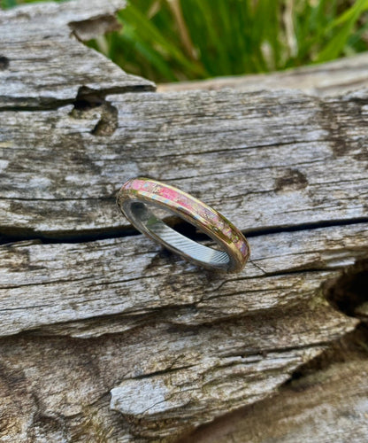 Mokume Gane Ring, Stainless Damascus Steel and Opal