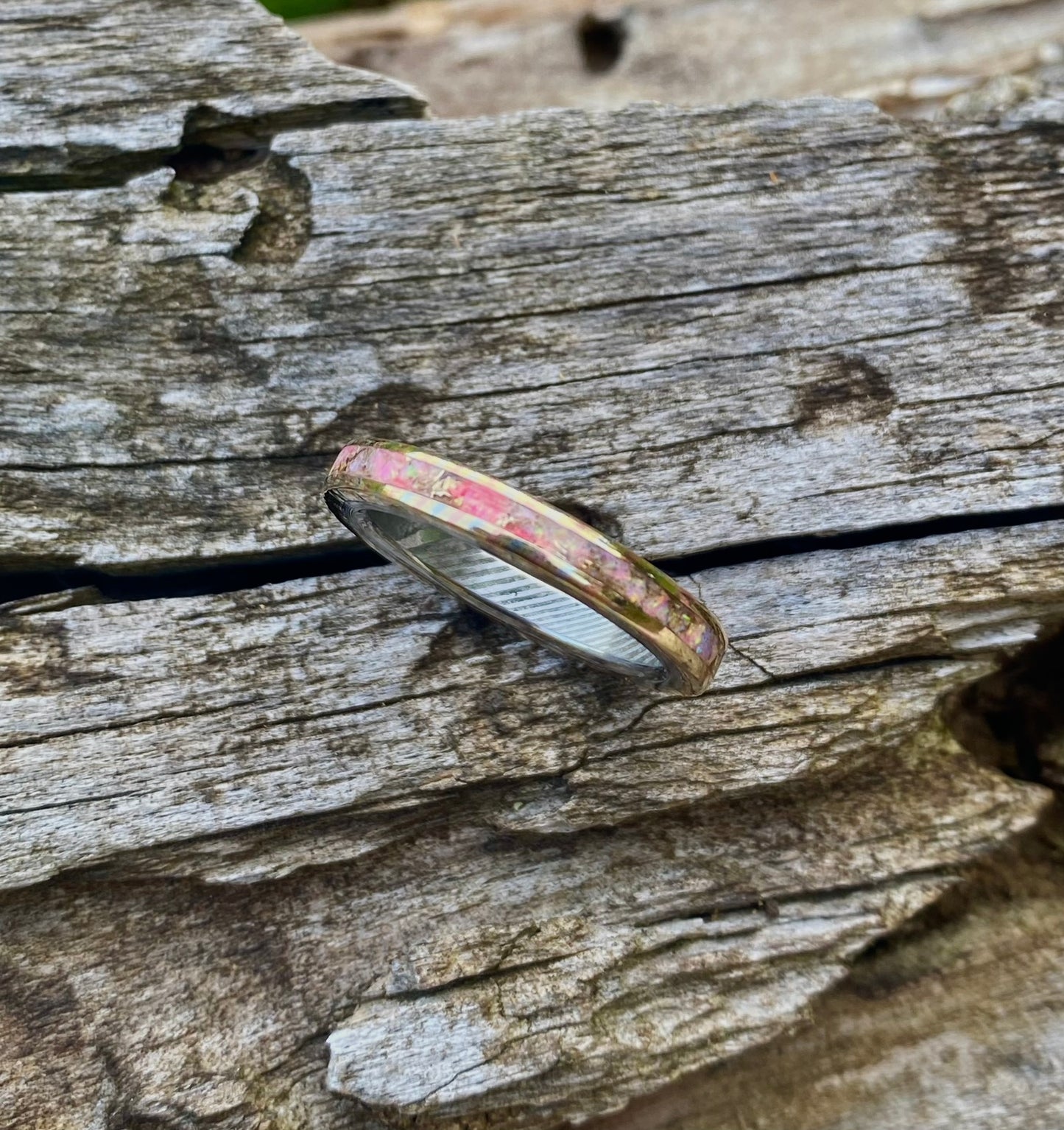 Mokume Gane Ring, Stainless Damascus Steel and Opal