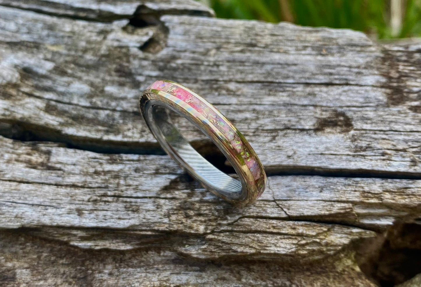 Mokume Gane Ring, Stainless Damascus Steel and Opal