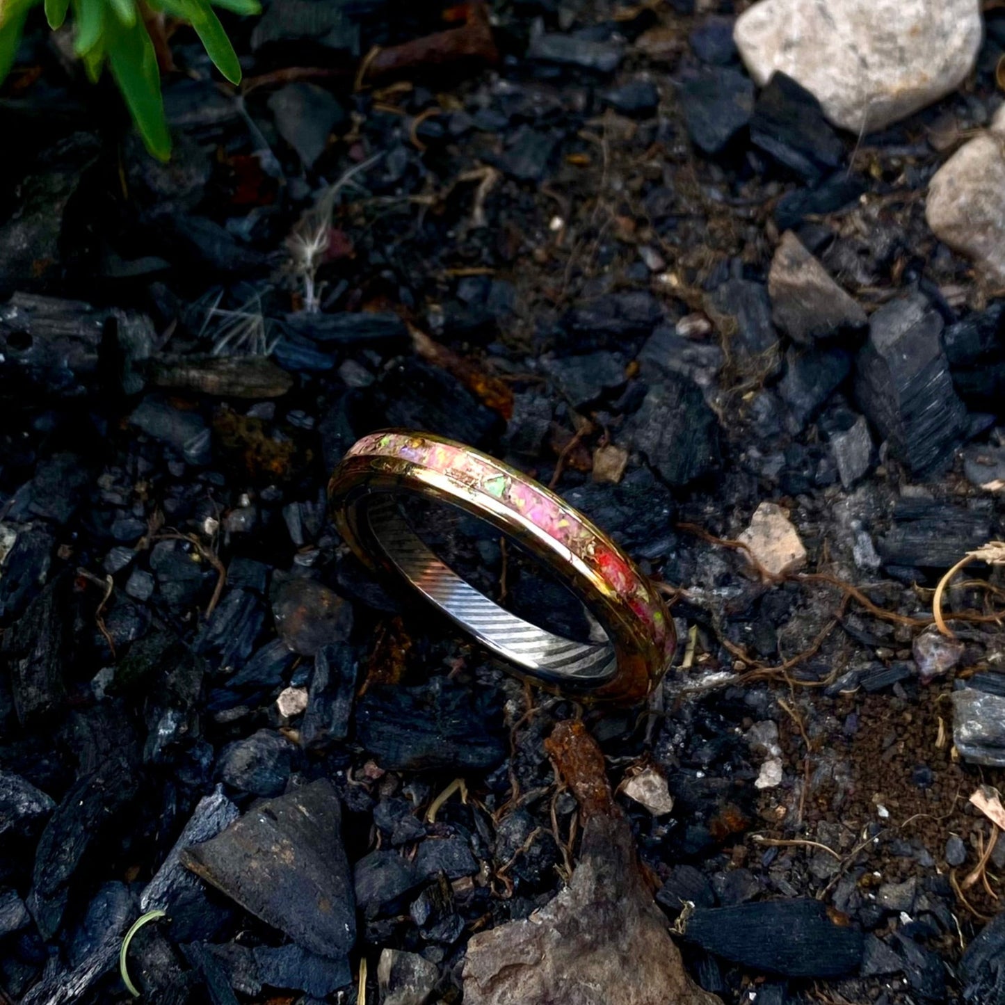 Mokume Gane Ring, Stainless Damascus Steel and Opal