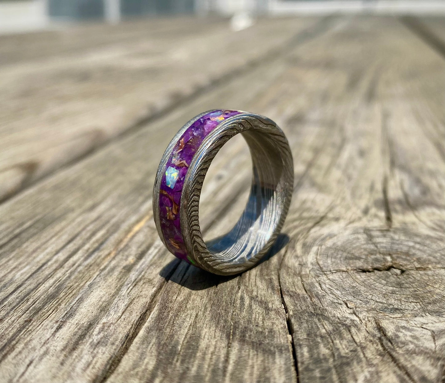 Ring of Damascus Steel, Opal, Amethyst, Purple Jade and Copper