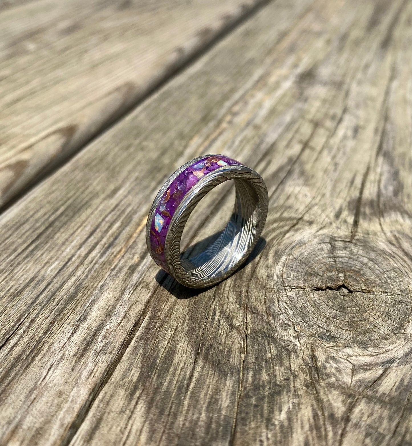 Anello di Acciaio Damasco, Opale, Ametista, Giada Viola e Rame