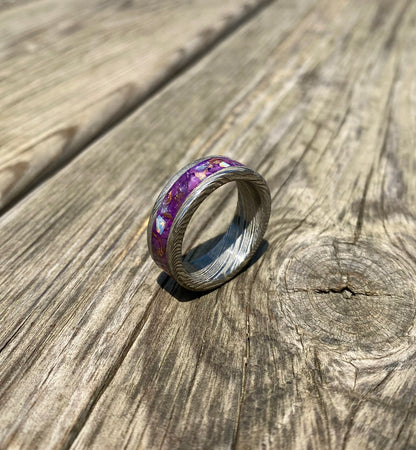 Anello di Acciaio Damasco, Opale, Ametista, Giada Viola e Rame