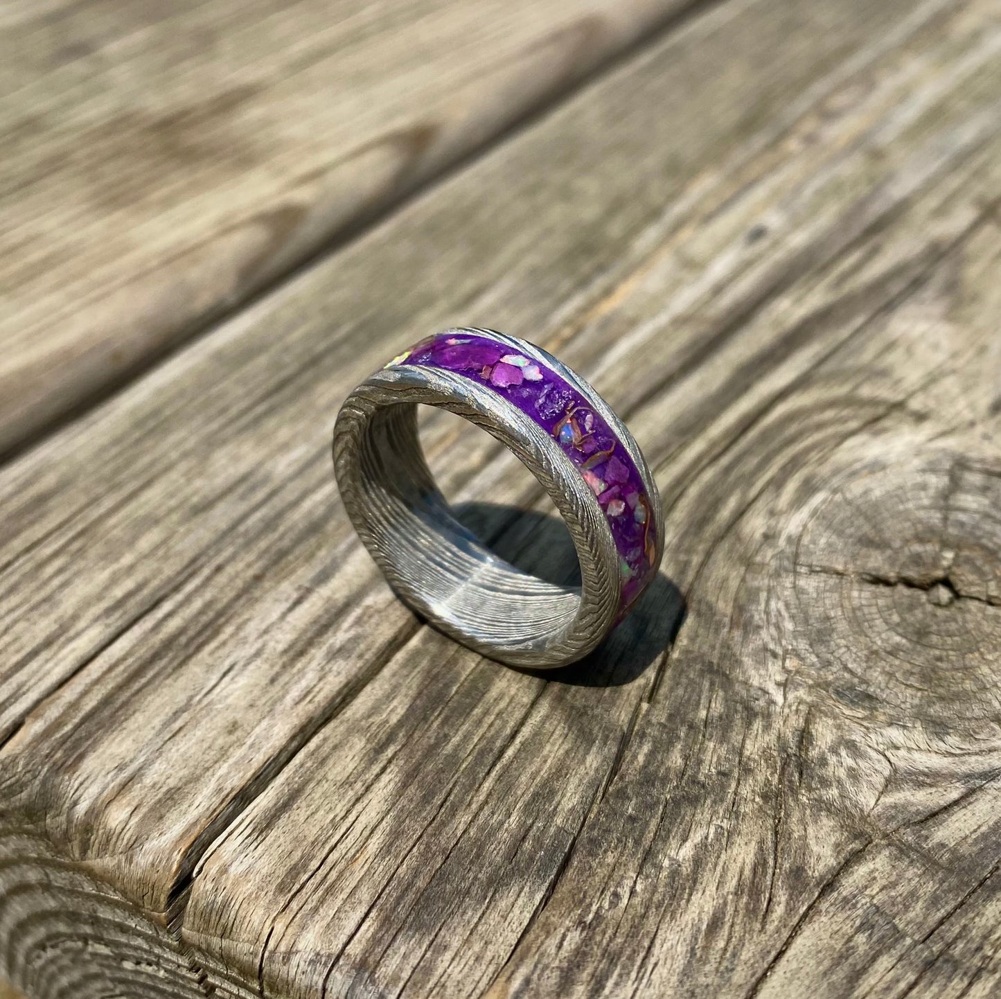 Ring of Damascus Steel, Opal, Amethyst, Purple Jade and Copper