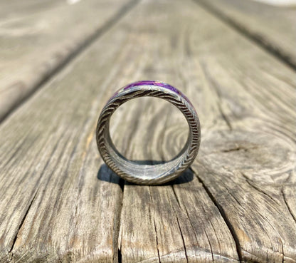 Ring of Damascus Steel, Opal, Amethyst, Purple Jade and Copper