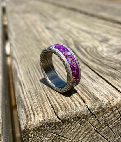 Ring of Damascus Steel, Opal, Amethyst, Purple Jade and Copper